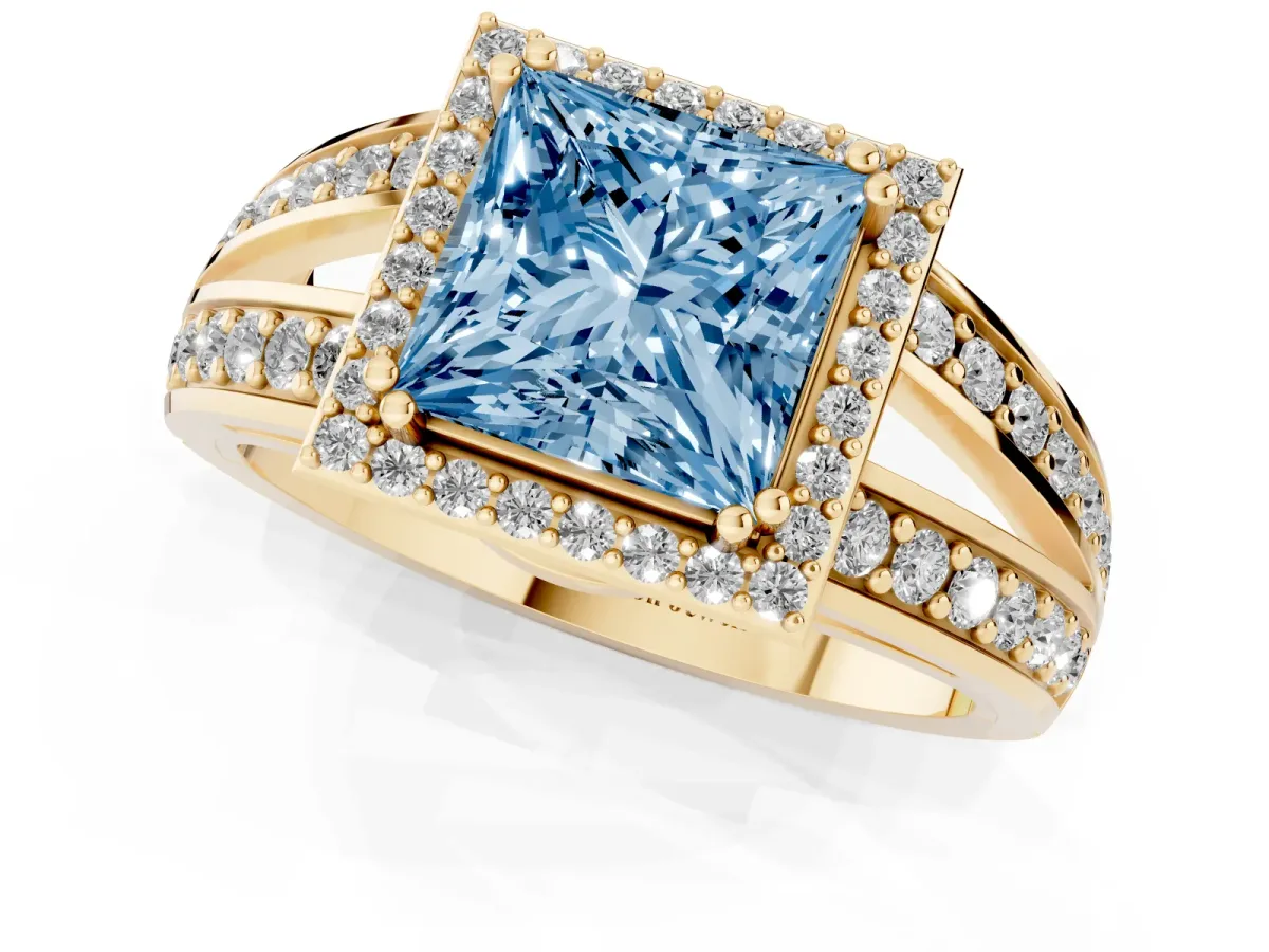 Fancy Blue Princess Cut Diamond Halo Ring with Split Shank Pavé Band and Four-Prong Setting Yellow gold