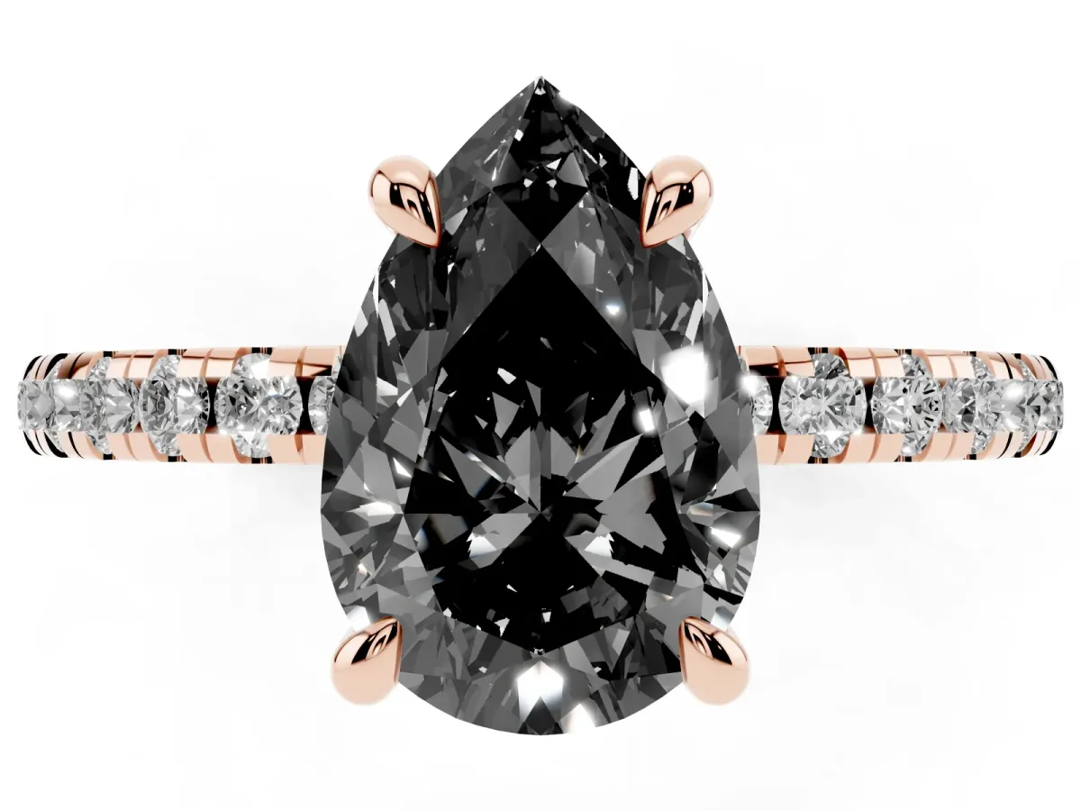 Fancy Black Pear Cut Diamond Brilliant Solitaire Ring with Pavé Band and Four-Prong Setting Rose gold