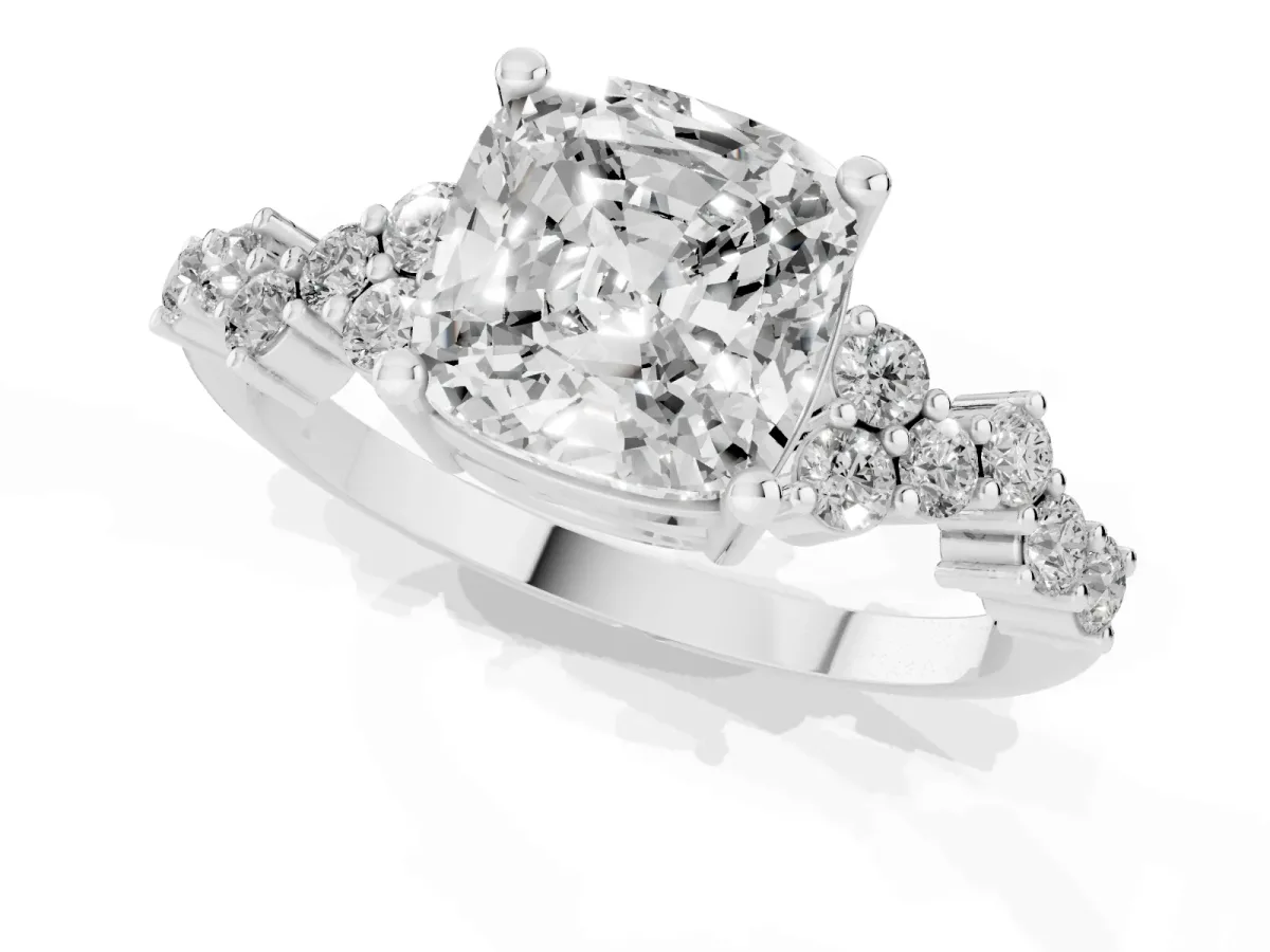 Cushion Cut Diamond Scattered Round Accent Ring with Prong Setting Silver