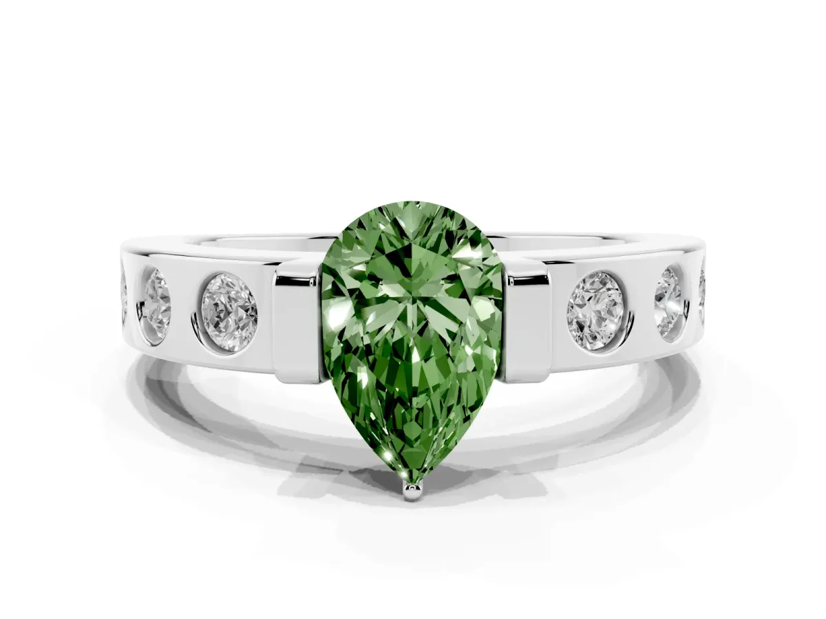 Fancy Green Pear Cut Brilliant Channel-Set Diamond Ring with Bezel Prong Setting Platinum