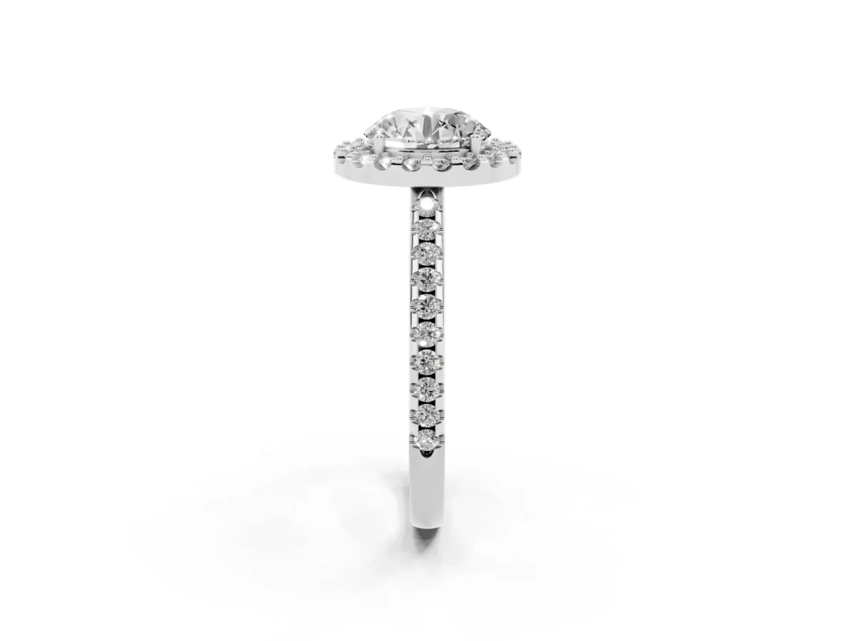 Round Cut Diamond Pavé Halo Ring with Four-Prong Setting Silver