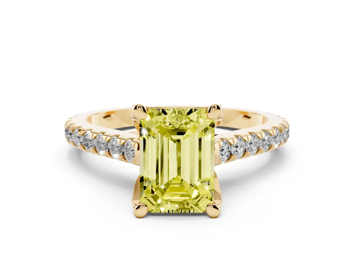 Fancy Yellow Emerald Cut Brilliant Diamond Solitaire with Pavé Band and Four-Prong Setting Yellow gold