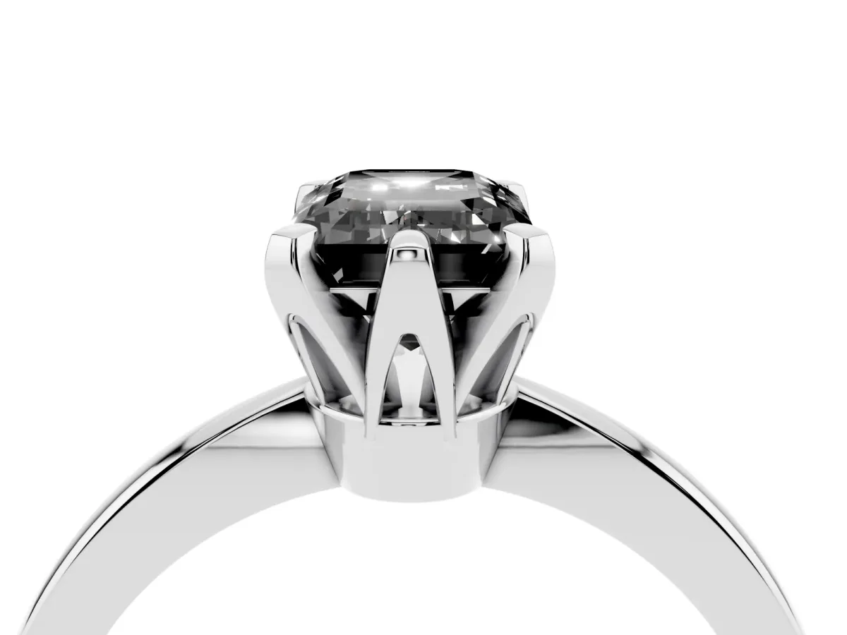 Fancy Black Emerald Cut Solitaire Engagement Ring with Six-Prong Setting and Tapered Band Silver