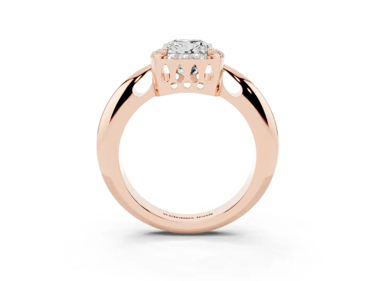 Cushion Cut Cut Diamond Halo Engagement Ring with Split Shank and Four-Prong Setting Rose gold