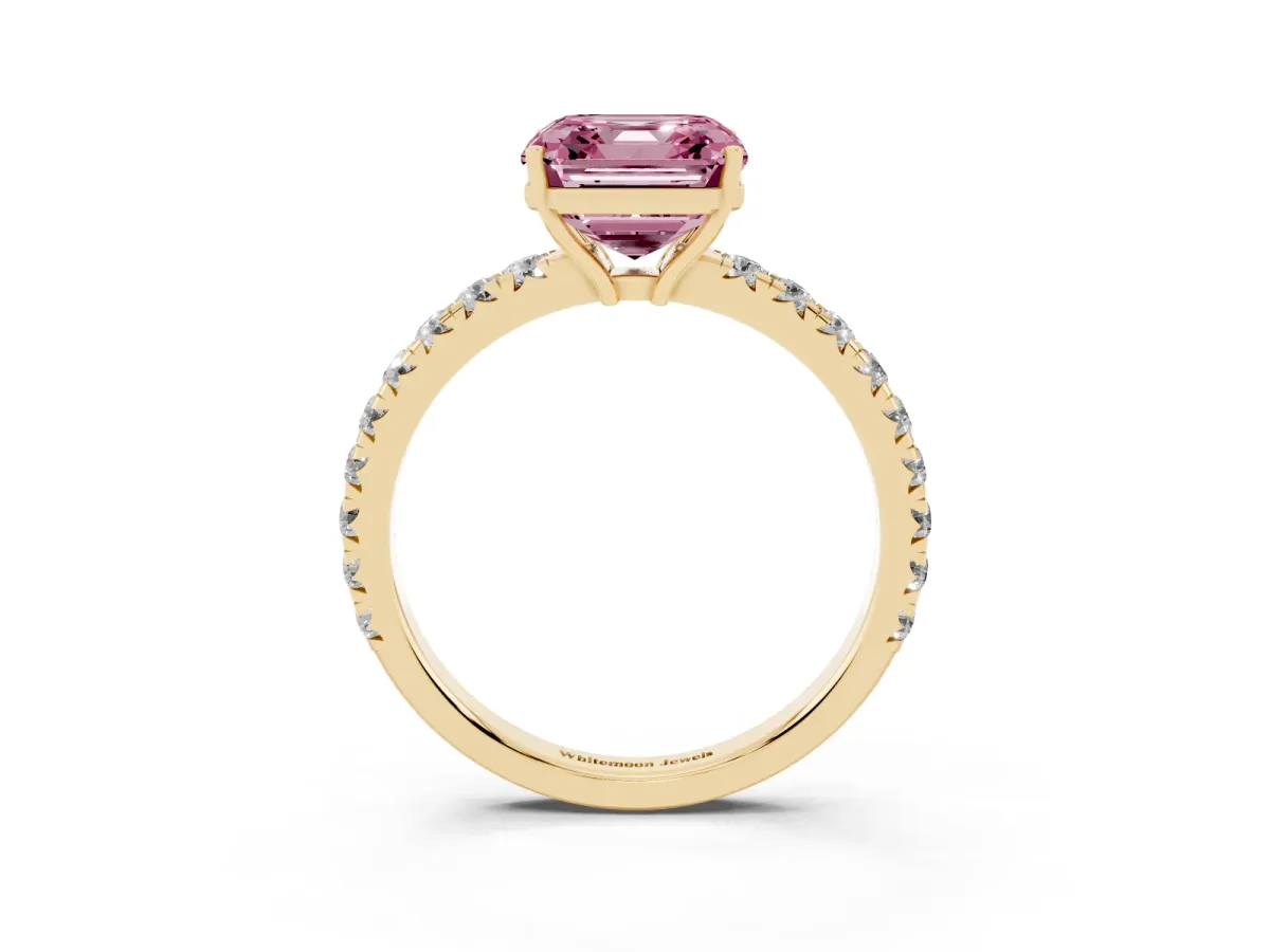 Fancy Pink Asscher Cut Diamond Pavé Solitaire Engagement Ring with Four-Prong Setting Yellow gold