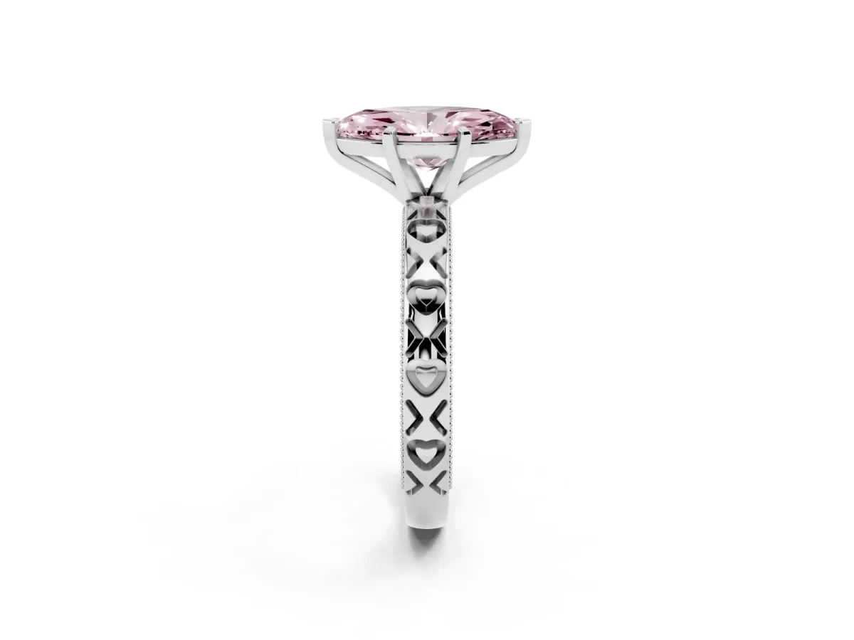 Fancy Pink Marquise Cut Solitaire Diamond Engagement Ring with XO Engraved Band and Four-Prong Setting White gold