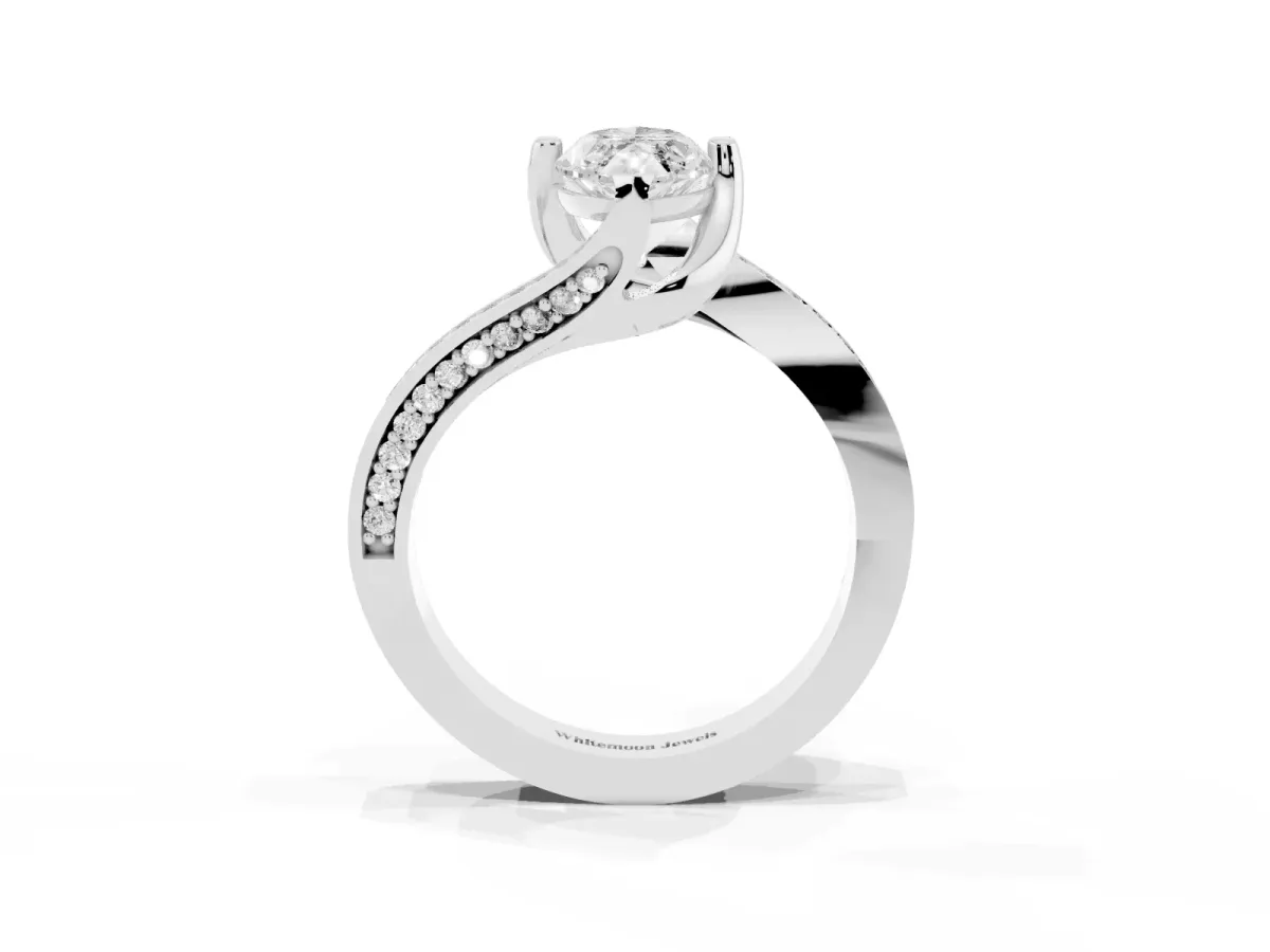 Marquise Cut Solitaire Diamond Twist Band with Pavé Setting and Four-Prong Setting White gold