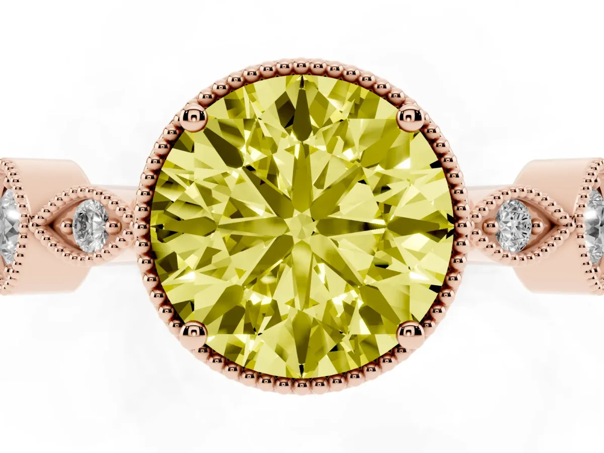 Fancy Yellow Round Cut Diamond Vintage Milgrain Ring with Round Stations Rose gold