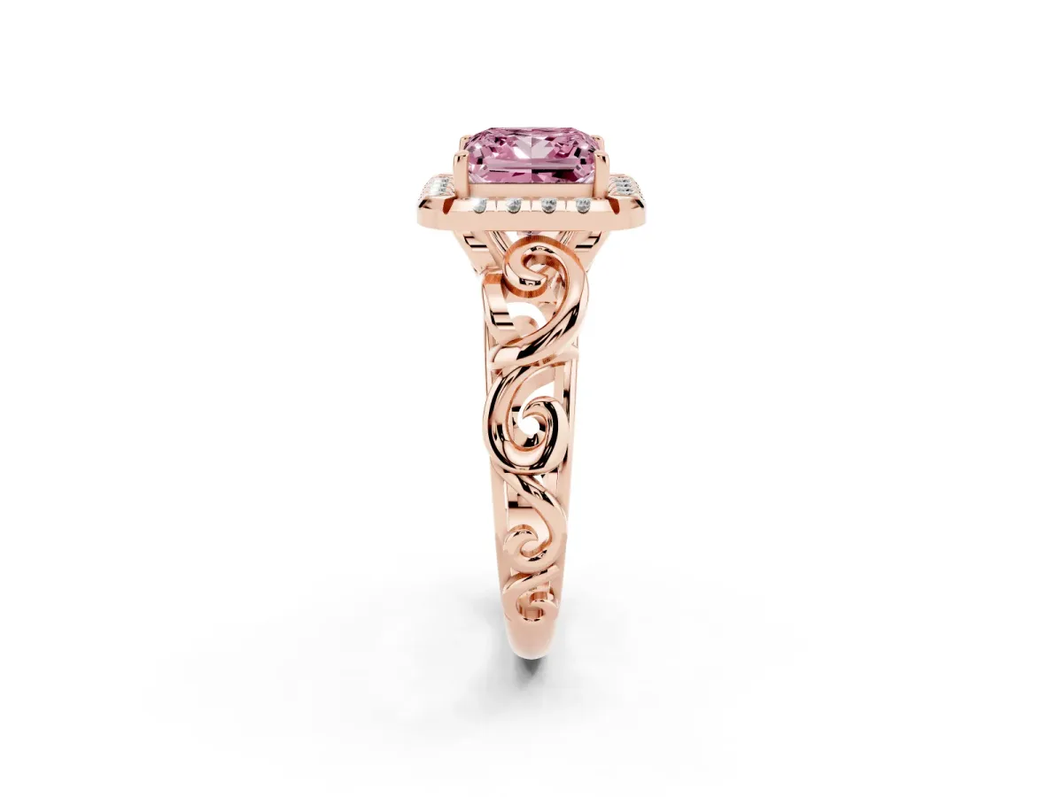 Fancy Pink Princess Cut Cut Halo Diamond Ring with Scrollwork Band and Four-Prong Setting Rose gold