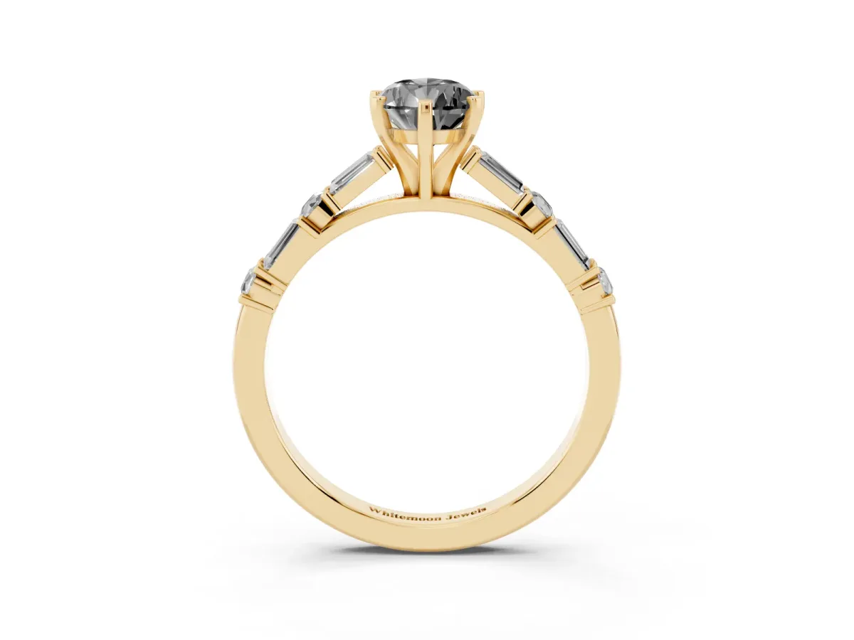 Fancy Black Pear Cut Diamond Solitaire with Side Baguettes and Channel Set Band Yellow gold