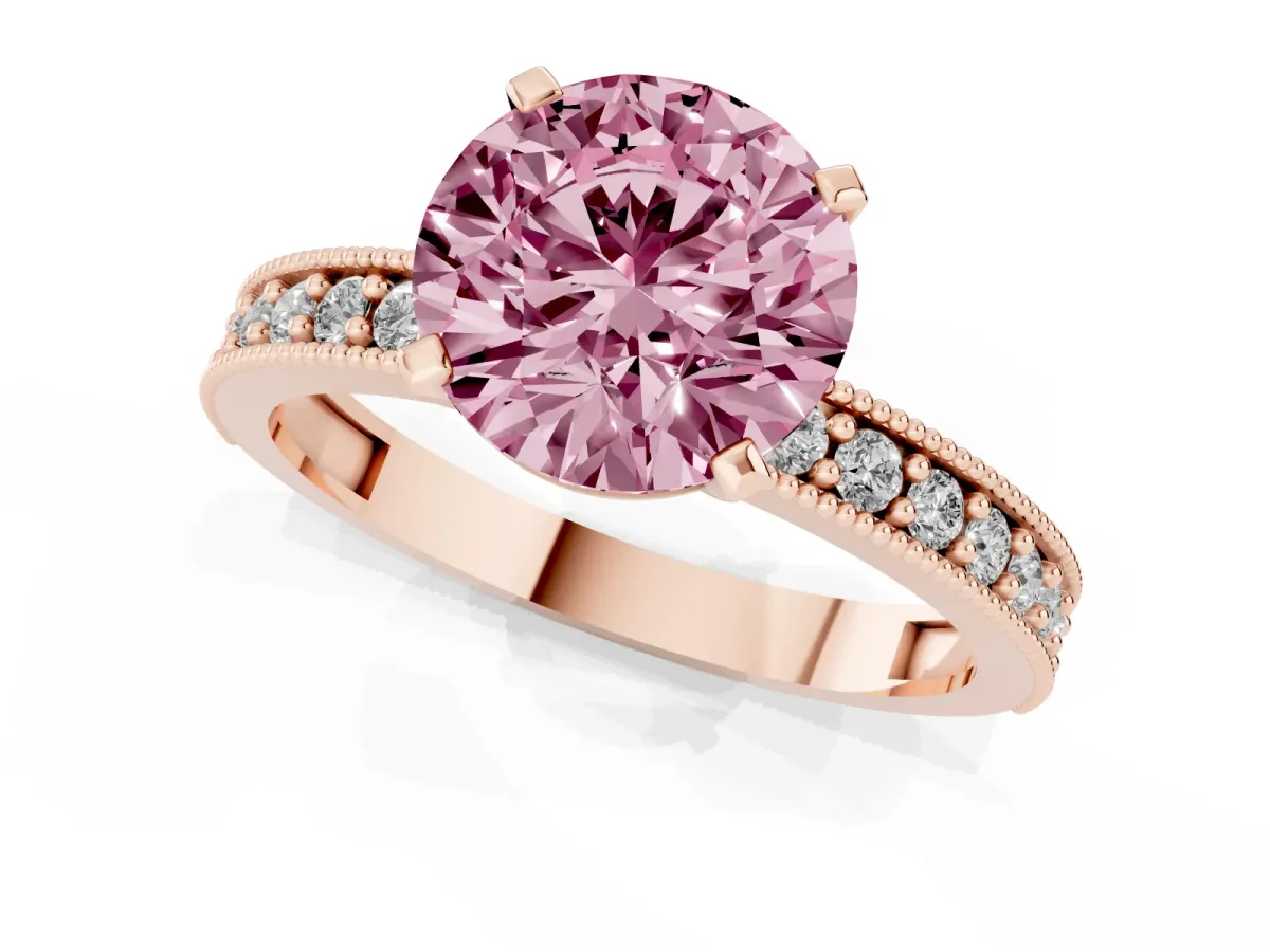 Fancy Pink Round Cut Diamond Milgrain Pavé Engagement Ring with Four-Prong Setting Rose gold