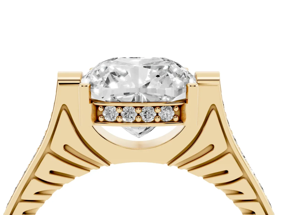 Cushion Cut Solitaire Diamond Ring with Channel Set Band and Bezel Prong Setting Yellow gold