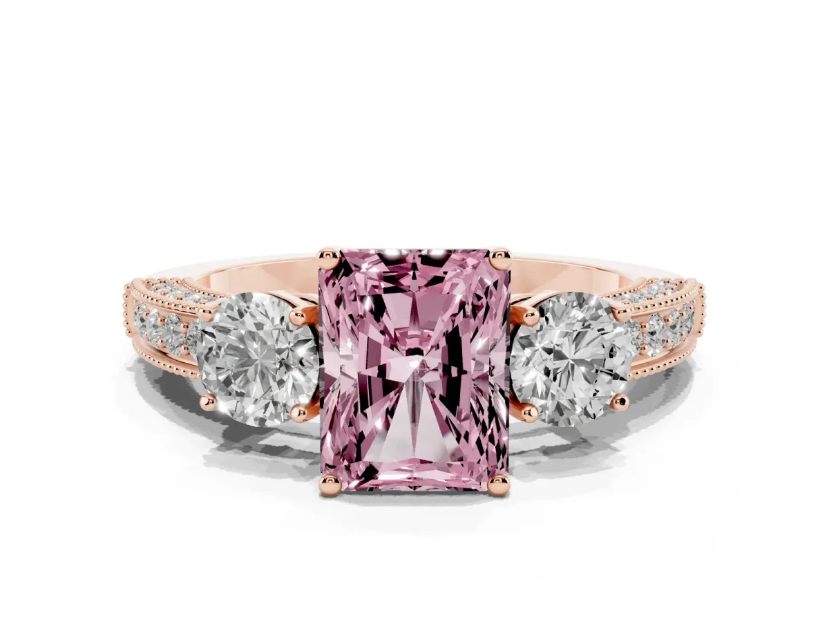 Fancy Pink Radiant Cut Three-Stone Diamond Ring with Pavé Band and Four-Prong Setting Rose gold