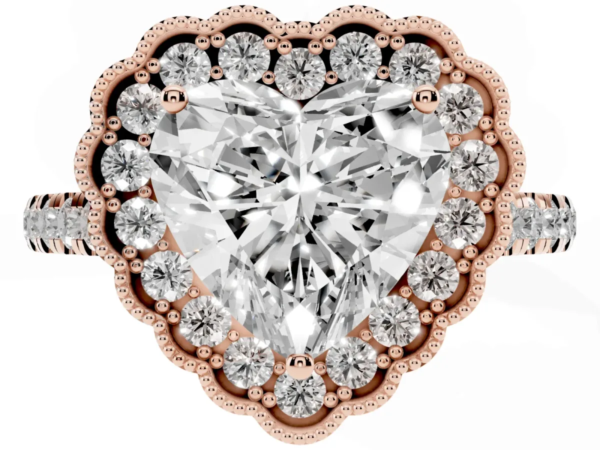 Heart Cut Cut Diamond Milgrain Floral Halo Engagement Ring with Pavé Band Rose gold