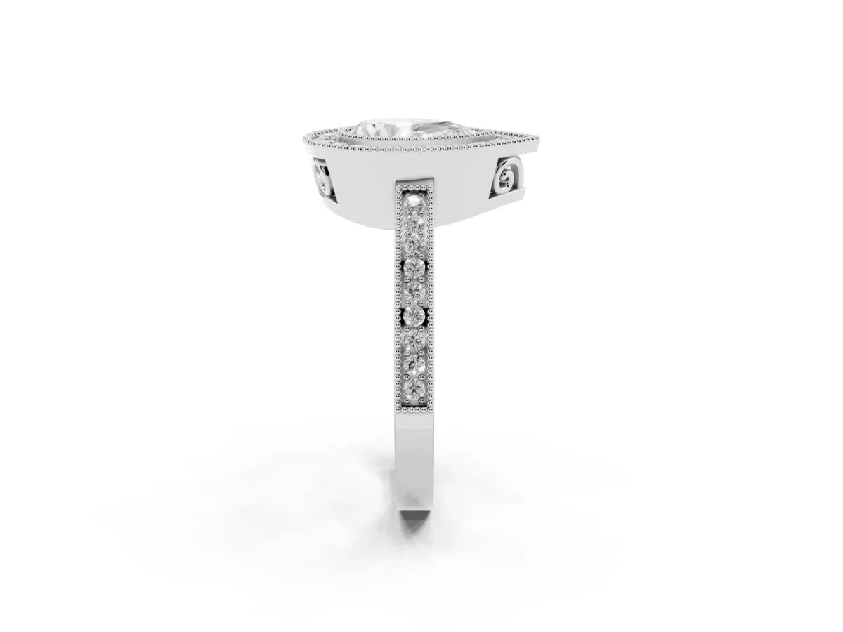 Pear Cut Cut Halo Diamond Ring with Pavé Band and Milgrain Prong Setting Silver