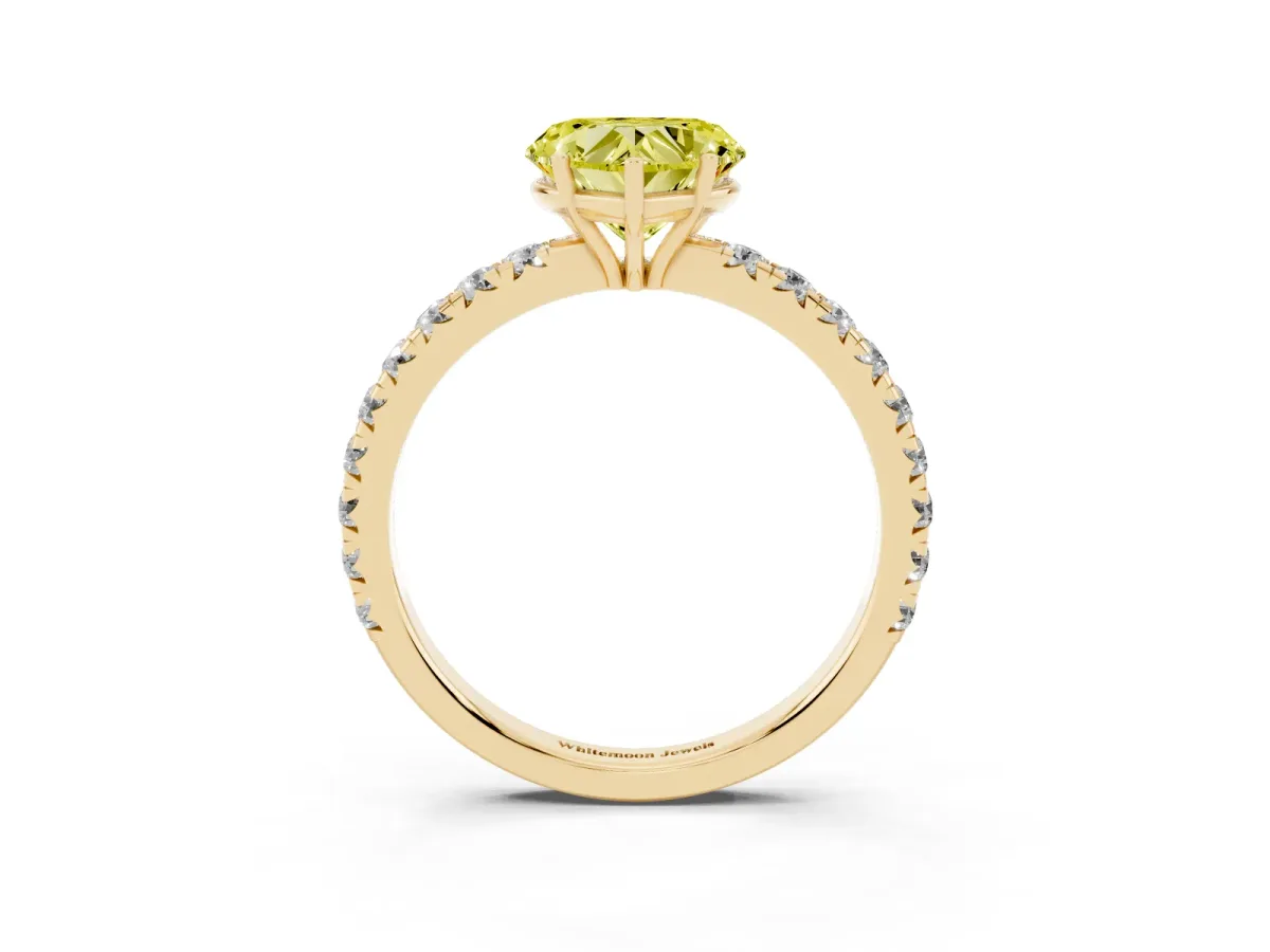 Fancy Yellow Heart Cut Diamond Pavé Solitaire Engagement Ring with Four-Prong Setting Yellow gold