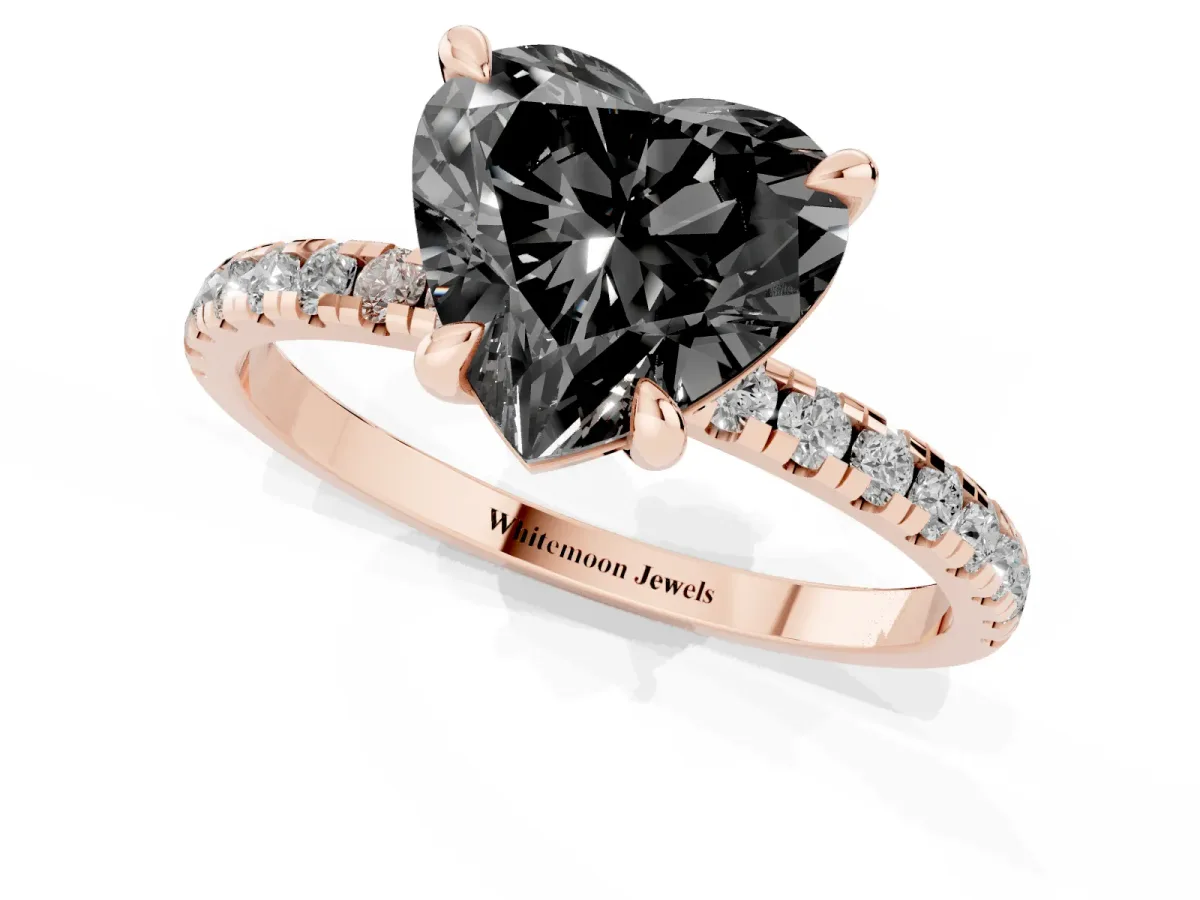 Fancy Black Heart Cut Diamond Brilliant Solitaire Ring with Pavé Band and Four-Prong Setting Rose gold