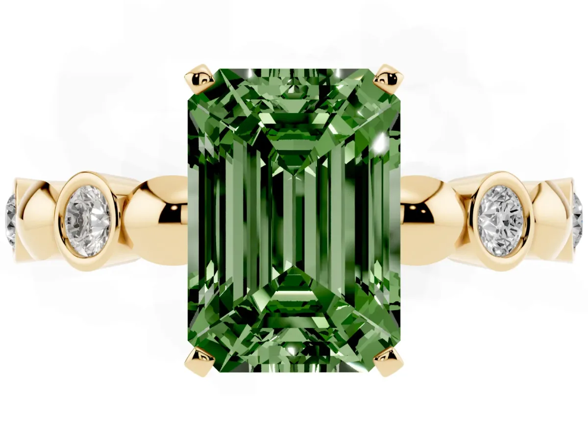Fancy Green Emerald Cut Solitaire Bezel-Set Diamond Ring with Beaded Band and Four-Prong Setting Yellow gold