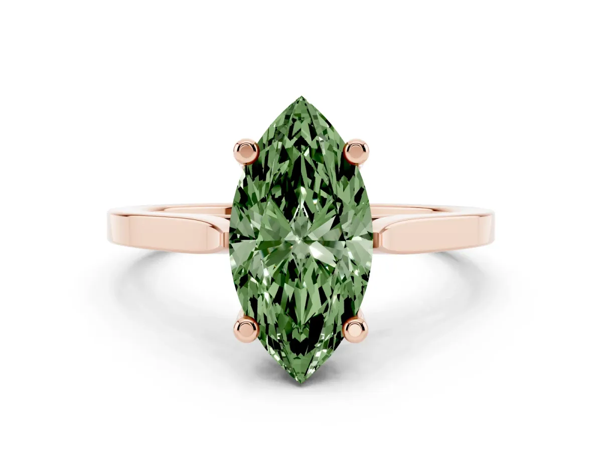 Fancy Green Marquise Cut Solitaire Diamond Ring with Four-Prong Setting and Tapered Band Rose gold
