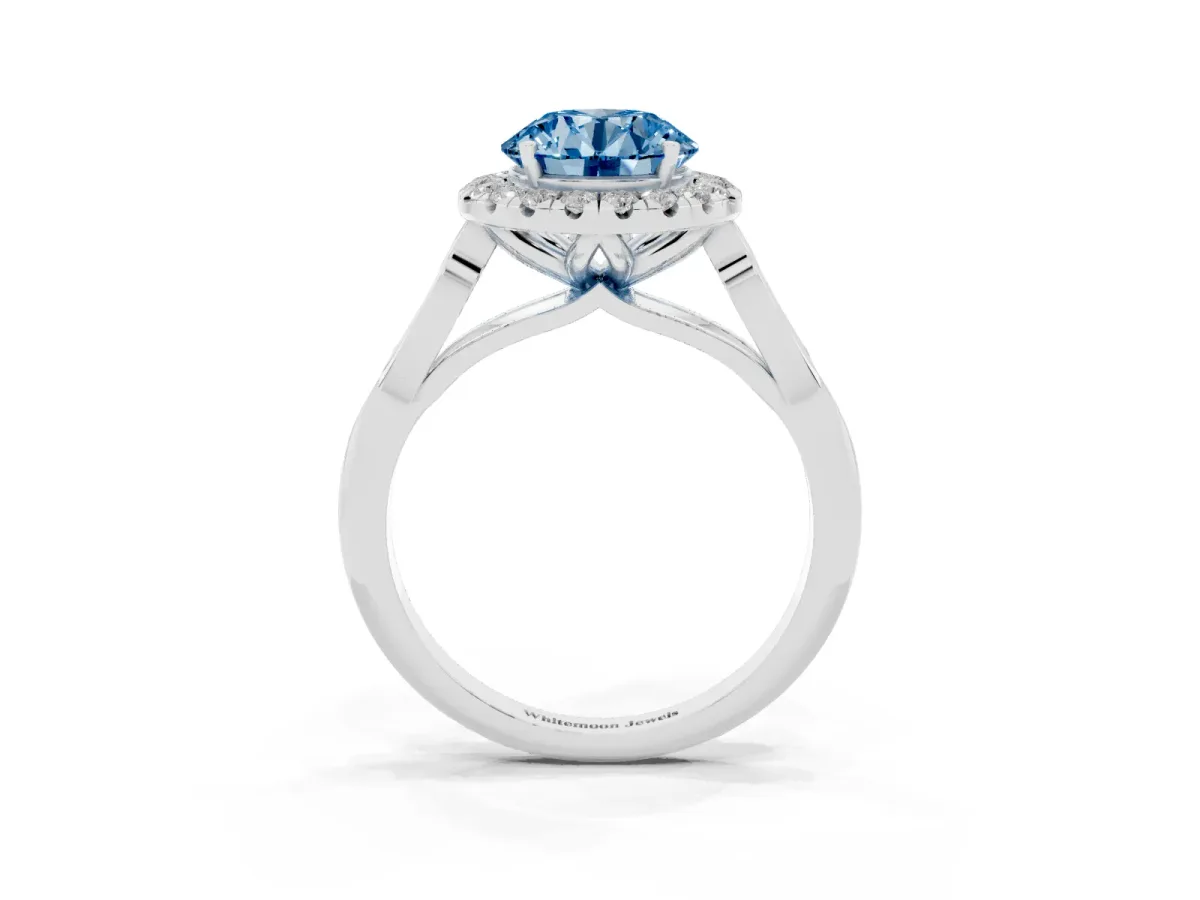 Fancy Blue Round Cut Halo Diamond Engagement Ring with Filigree Band and Four-Prong Setting White gold