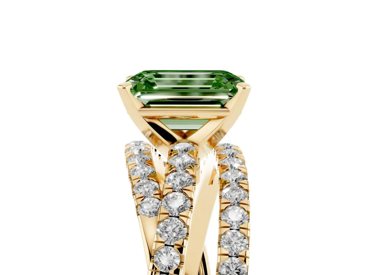 Fancy Green Emerald Cut Solitaire Twist Band with Pavé Setting and Four-Prong Setting Yellow gold