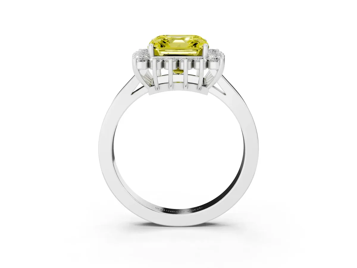 Fancy Yellow Asscher Cut Cut Diamond Halo Ring with Round Brilliant Halo and Solitaire Band Platinum