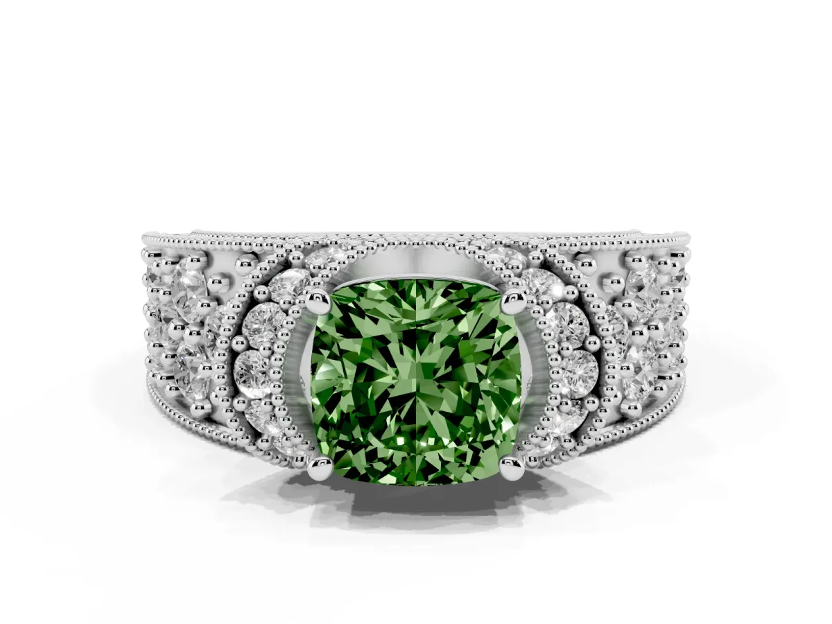 Fancy Green Cushion Cut Halo Pave Diamond Engagement Ring with Milgrain Detailing Silver