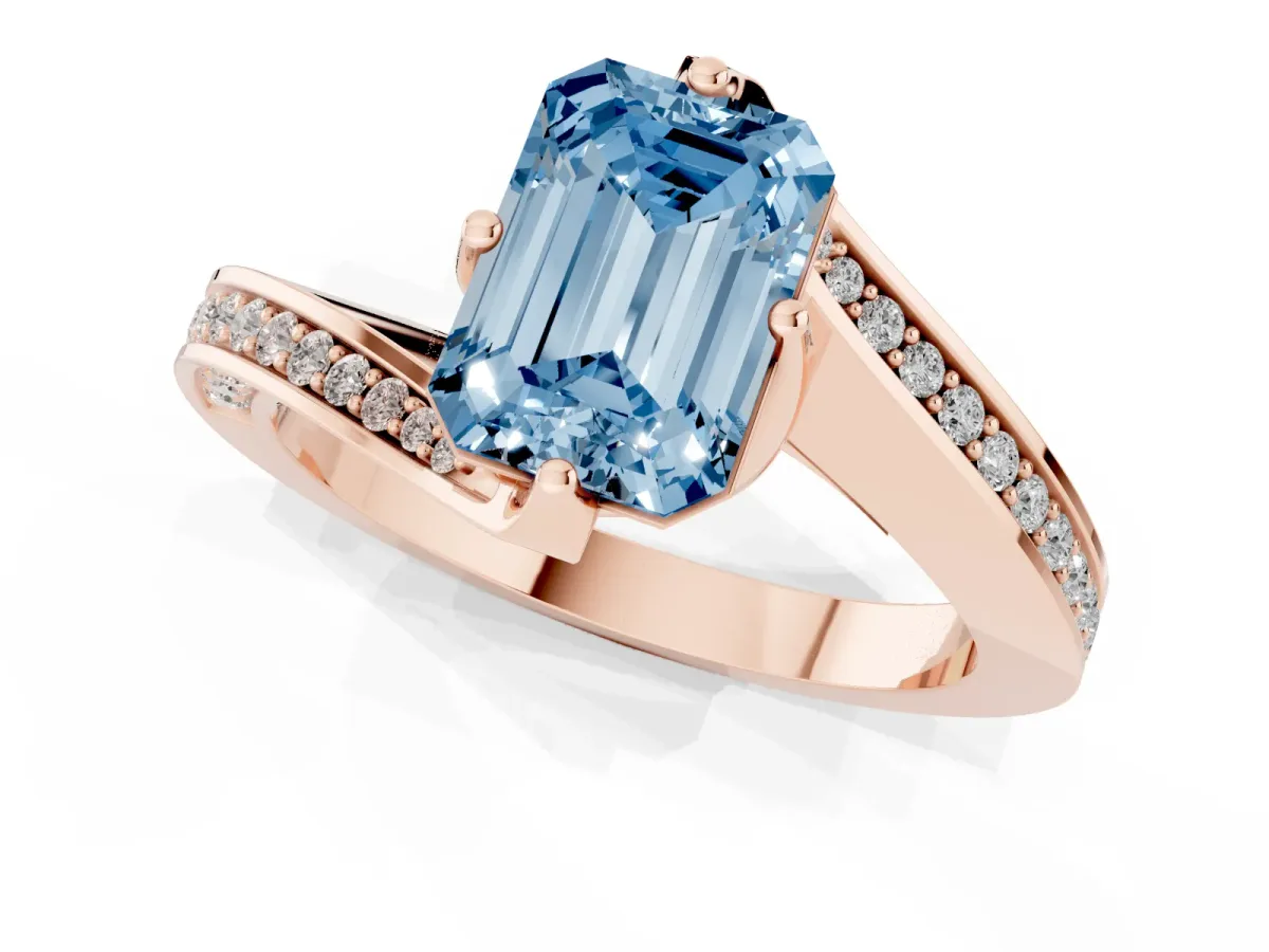 Fancy Blue Emerald Cut Solitaire Diamond Twist Band with Pavé Setting and Four-Prong Setting Rose gold