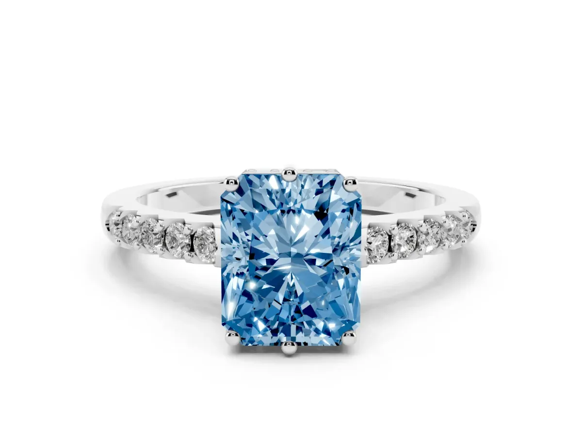 Fancy Blue Radiant Cut Solitaire Diamond Engagement Ring with Pavé Band and Six-Prong Setting Silver