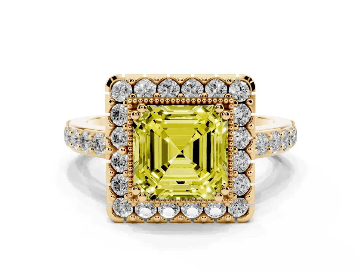 Fancy Yellow Asscher Cut Diamond Halo Ring with Pavé Band and Prong Setting Yellow gold