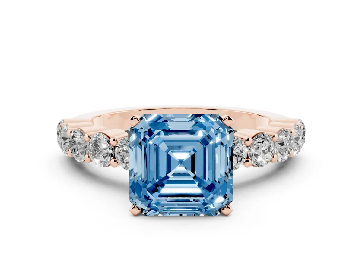 Fancy Blue Asscher Cut Diamond Solitaire Ring with Shared Prong Round Side Stones Rose gold