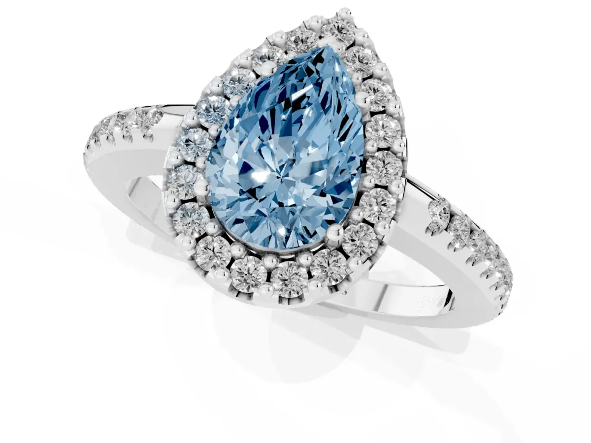 Fancy Blue Pear Cut Diamond Pavé Halo Ring with Four-Prong Setting Silver