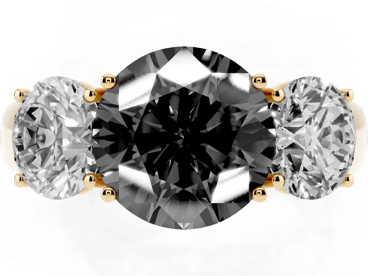 Fancy Black Three-Stone Round Cut Cut Diamond Ring with Prong Setting and Classic Band Yellow gold