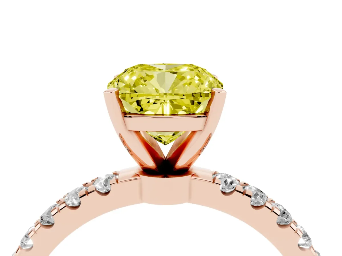 Fancy Yellow Cushion Cut Diamond Solitaire Ring with Pavé Accents and Four-Prong Setting Rose gold