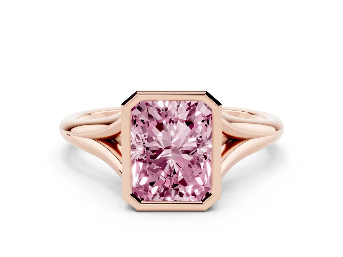 Fancy Pink Bezel Set Radiant Cut Cut Solitaire Ring with Tapered Band Rose gold