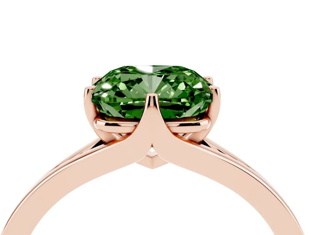 Fancy Green Cushion Cut Solitaire Diamond Ring with Six-Prong Setting and Tapered Band Rose gold