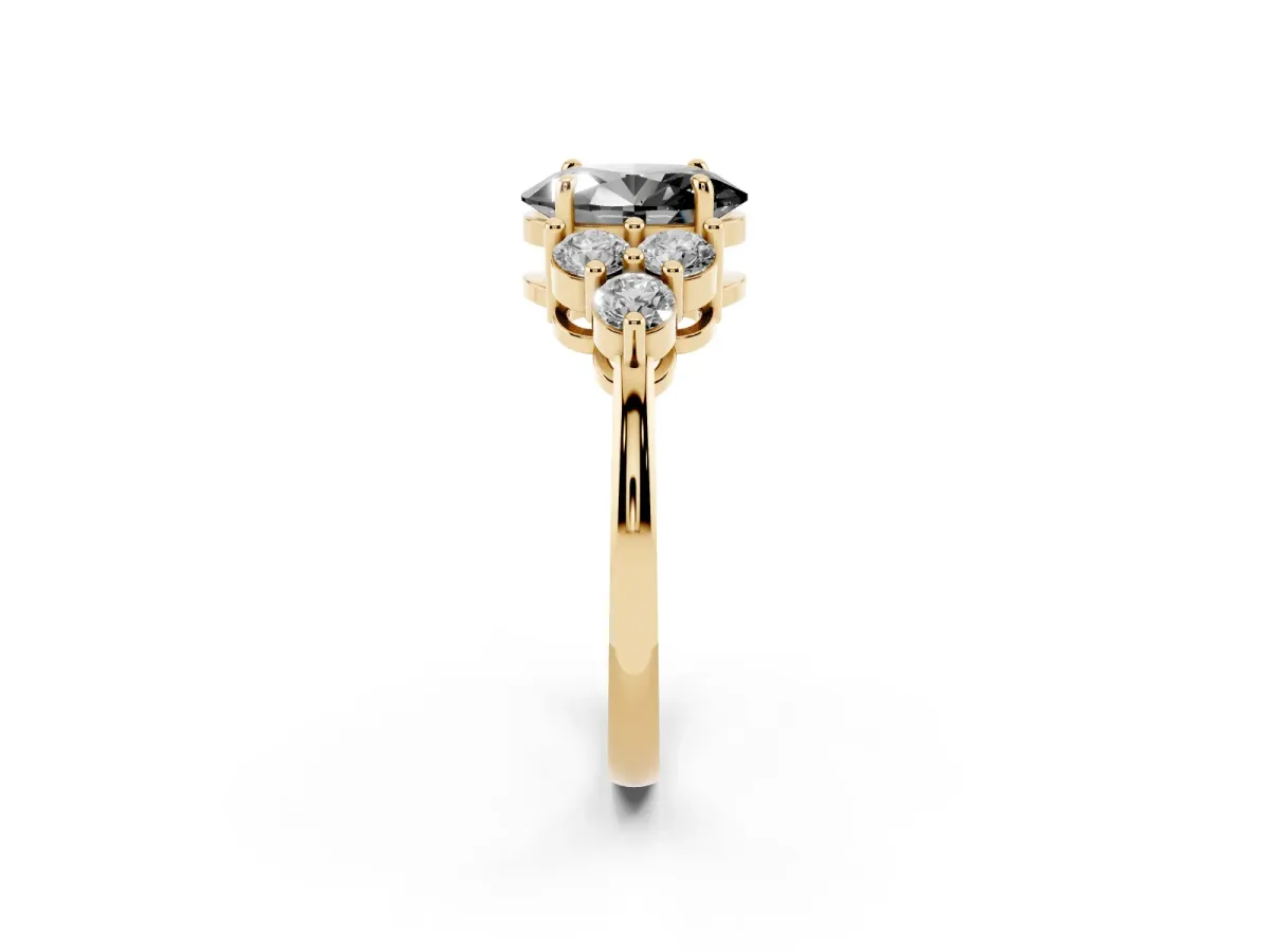 Fancy Black Oval Cut Brilliant Diamond Cluster Accent Solitaire Ring with Prong Setting Yellow gold