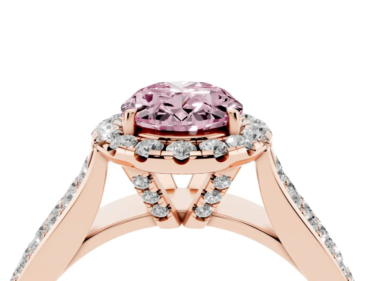 Fancy Pink Oval Cut Halo Round Diamond Pave Band with Prong Setting Rose gold