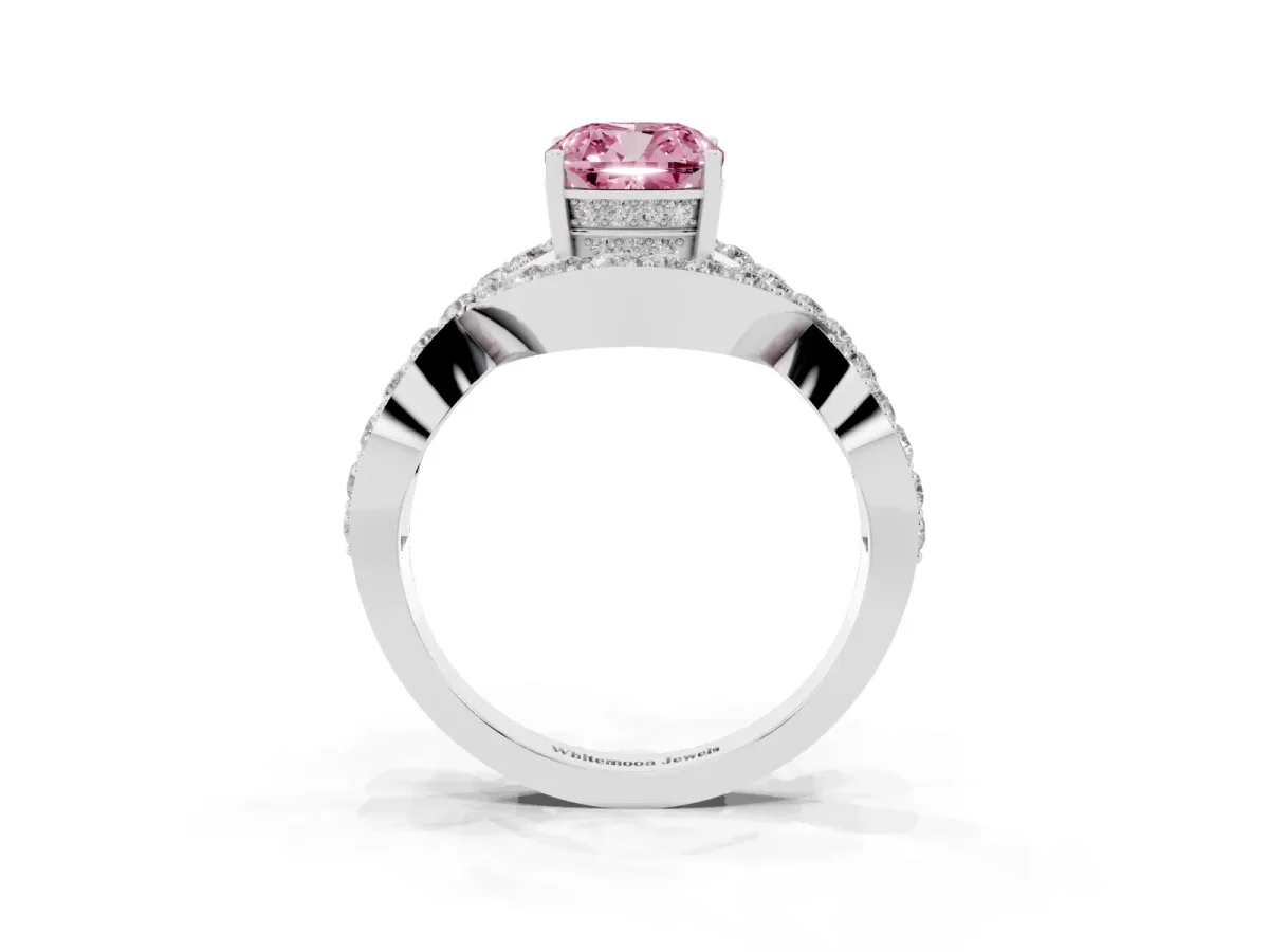 Fancy Pink Cushion Cut Solitaire Twist Band Pavé Diamond Engagement Ring Silver