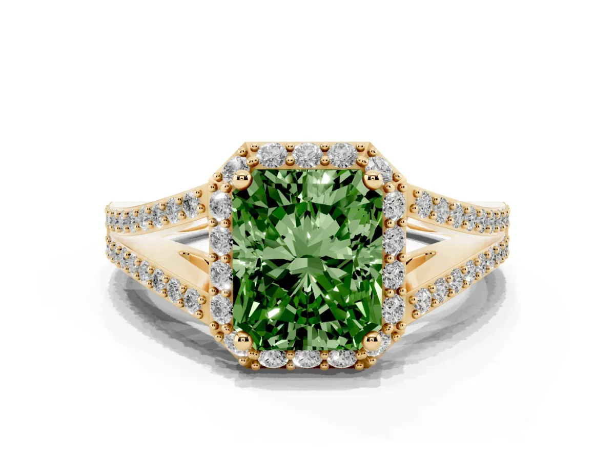Fancy Green Radiant Cut Halo Split Shank Pave Diamond Ring with Four-Prong Setting Yellow gold