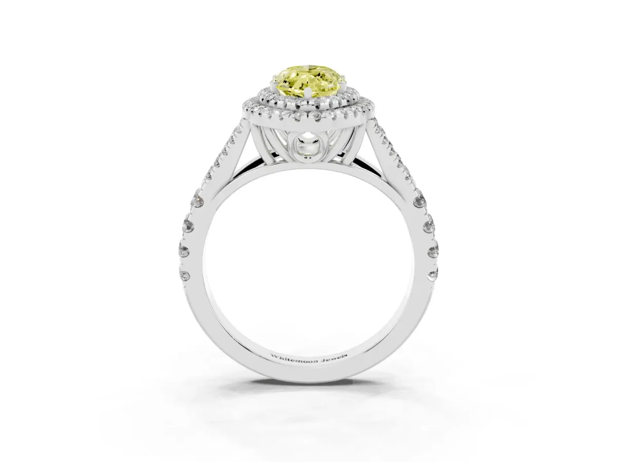 Fancy Yellow Double Halo Marquise Cut Diamond Split Shank Engagement Ring with Four-Prong Setting Silver