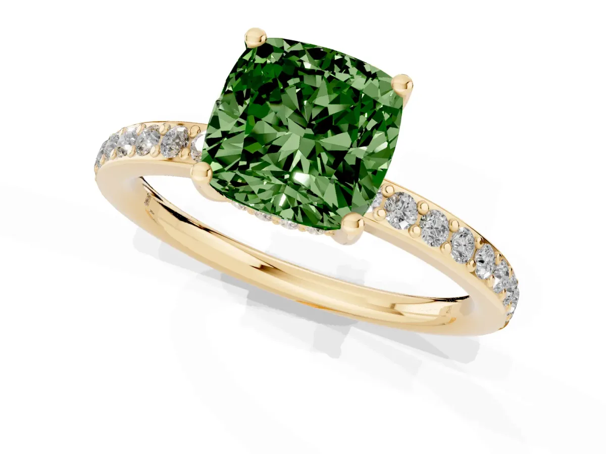 Fancy Green Cushion Cut Cut Diamond Pavé Band Ring with Four-Prong Setting Yellow gold
