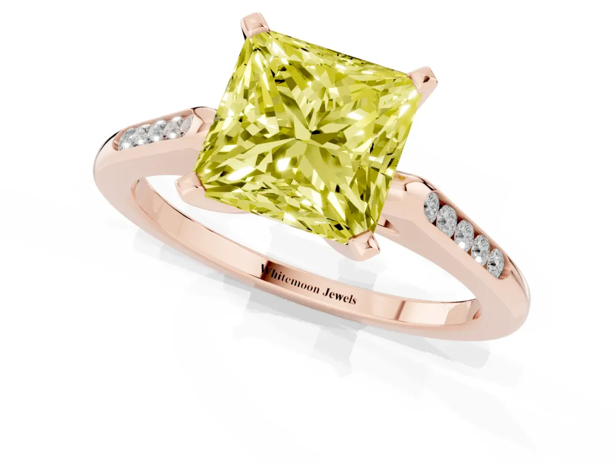 Fancy Yellow Princess Cut Diamond Solitaire Ring with Channel Set Round Band and Prong Setting Rose gold