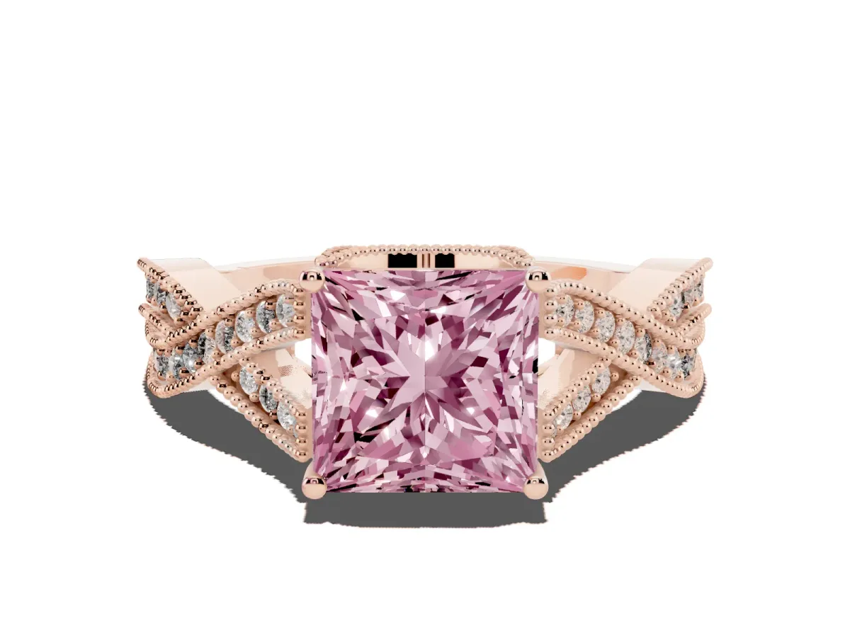 Fancy Pink Princess Cut Cut Diamond Twisted Band with Milgrain Pave Setting and Four-Prong Setting Rose gold