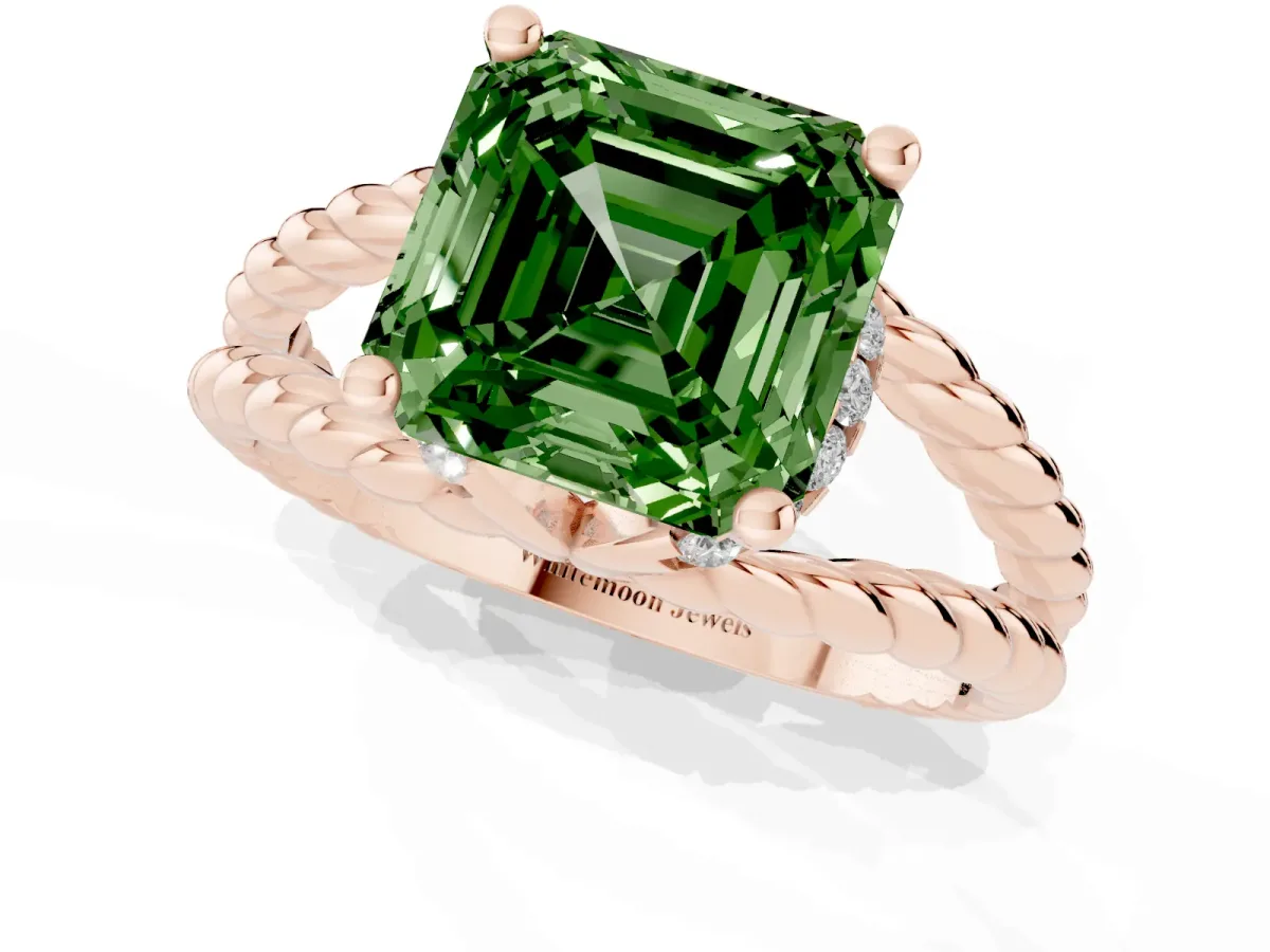 Fancy Green Asscher Cut Halo Twisted Band Four-Prong Ring Rose gold