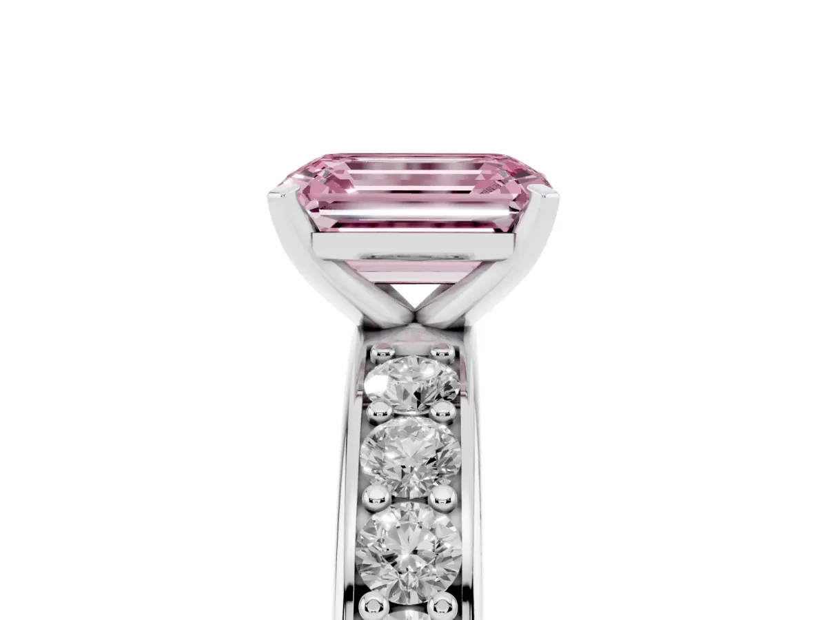 Fancy Pink Emerald Cut Diamond Engagement Ring with Channel Set Round Band and Prong Setting Platinum