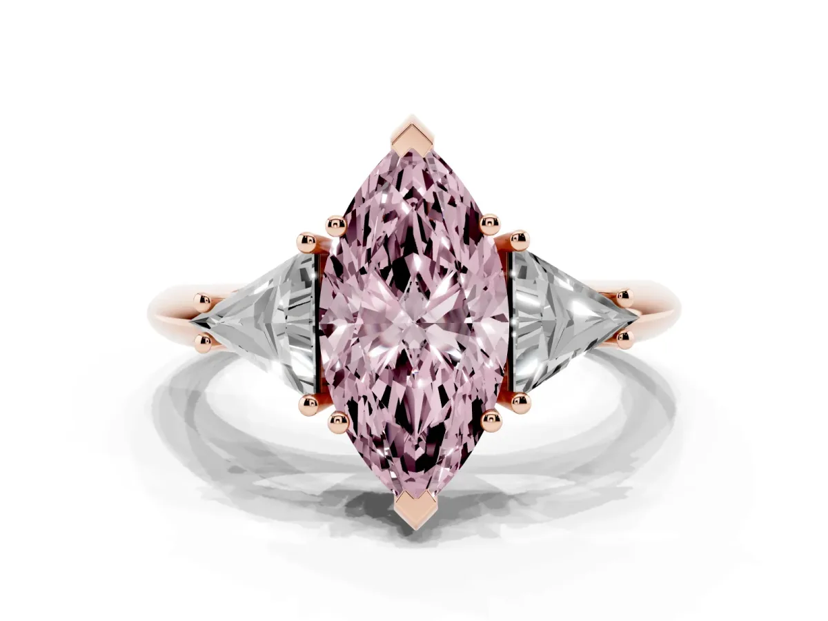 Fancy Pink Three-Stone Marquise Cut Diamond Engagement Ring with Trillion Side Stones and Prong Setting Rose gold