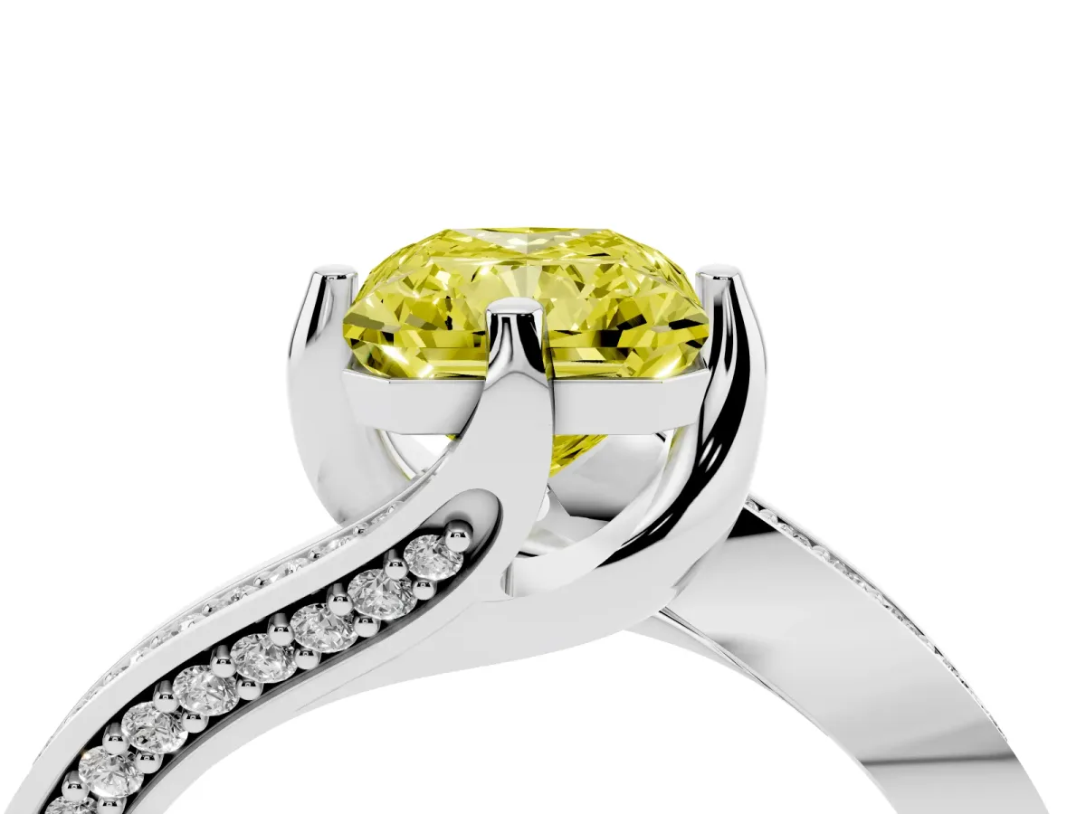 Fancy Yellow Radiant Cut Solitaire Diamond Twist Band with Pavé Setting and Four-Prong Setting Platinum