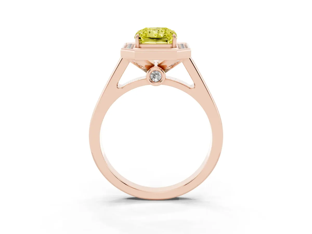 Fancy Yellow Emerald Cut Halo Solitaire Diamond Ring with Pave Band and Bezel Setting Rose gold