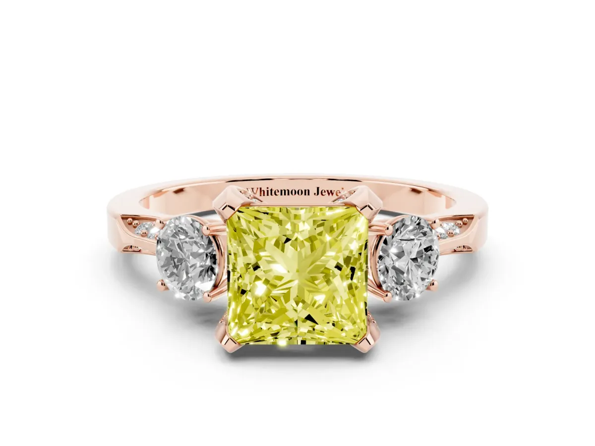 Fancy Yellow Princess Cut Brilliant Three-Stone Diamond Ring with Pavé Band and Four-Prong Setting Rose gold